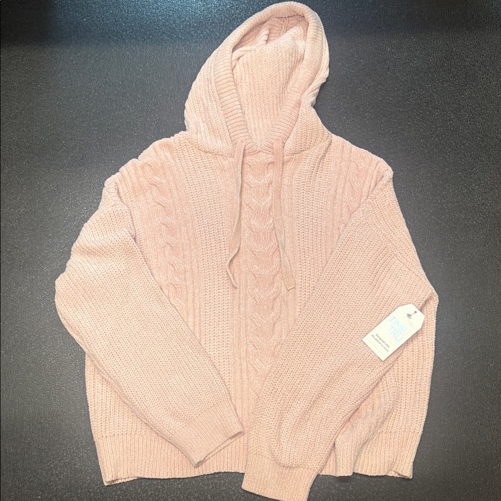 Time and Tru Blush Pink Cable Knit Hooded Sweater